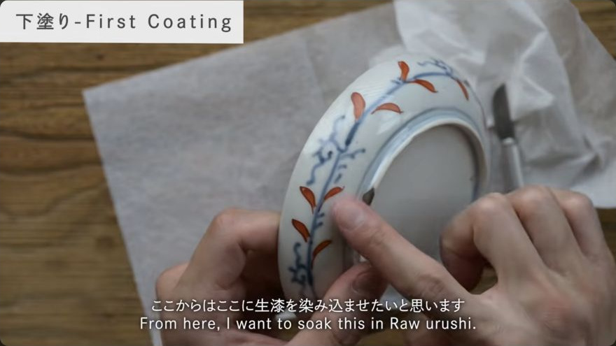 Seal the filler with lacquer — Raw lacquer is brushed precisely over the levelled filler to seal its porous surface.